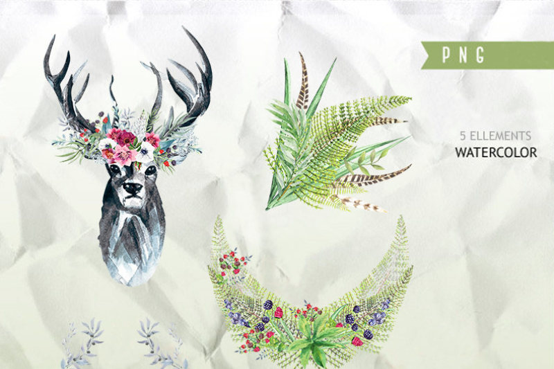 forest-deer-watercolor-clipart-digital-pine-bouquets-boho-holiday-invitation-greetings-diy-card