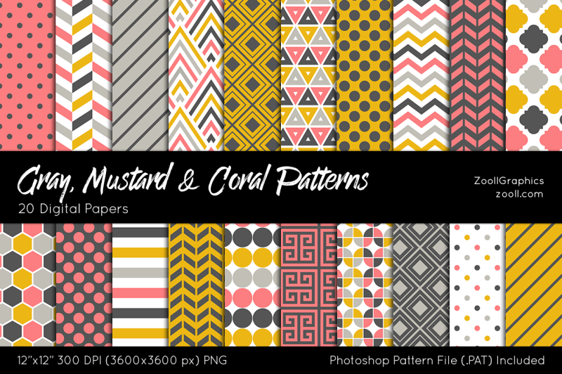 gray-mustard-and-coral-digital-papers