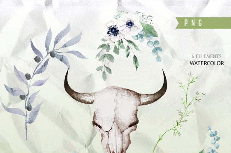 bohemian-wild-elements-watercolor-bull-skull-boho-watercolor-clipart-tribal-bull-bohemian-cliparts-flower-invites-diy-invitations