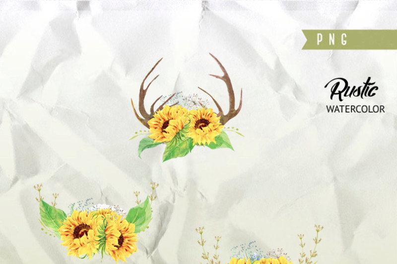 watercolor-rustic-bouquets-sunflower-with-horns-amp-wild-herbs-bohemian-boho-flowers-hand-painted-digital-diy-invitations-greeting-card