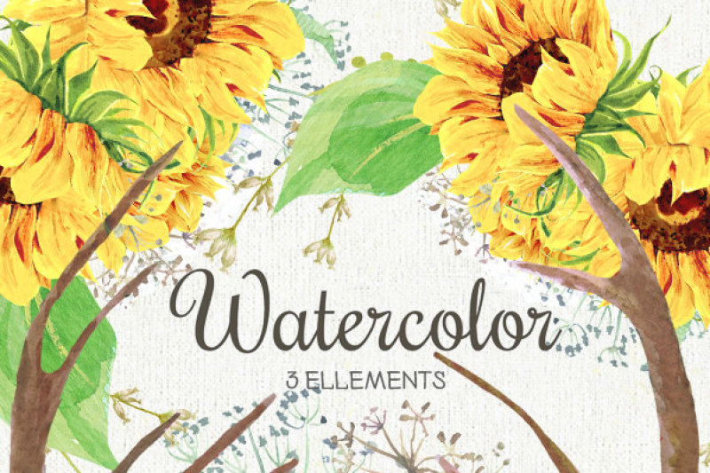 watercolor-rustic-bouquets-sunflower-with-horns-amp-wild-herbs-bohemian-boho-flowers-hand-painted-digital-diy-invitations-greeting-card