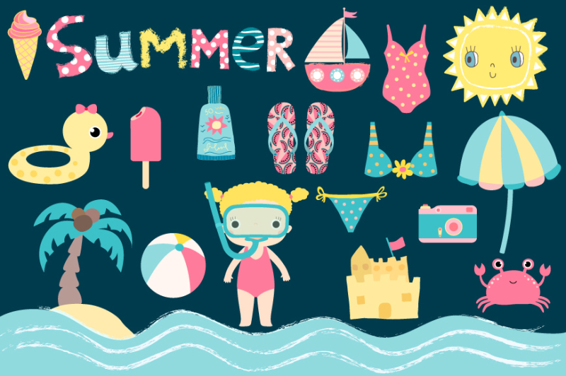 cute-summer-clipart-kids-beach-holiday-set-snorkel-girl-sun