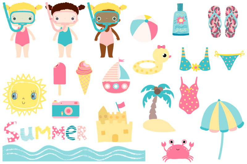 cute-summer-clipart-kids-beach-holiday-set-snorkel-girl-sun