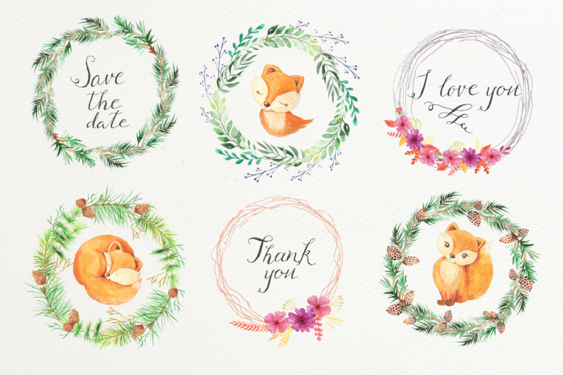 watercolor-cute-foxes-and-floral-set