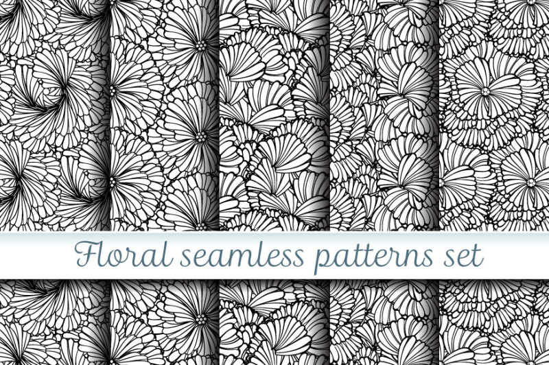 black-and-white-floral-seamless-patterns-set