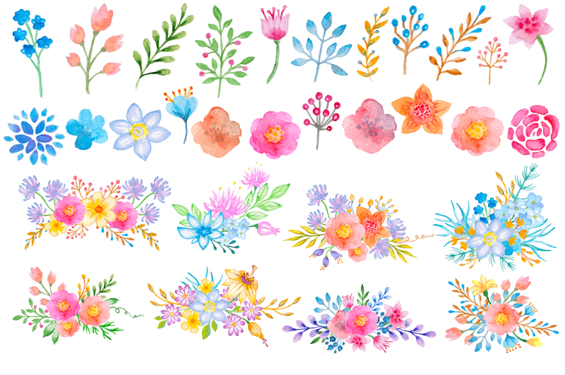 watercolor-flowers-and-leaves