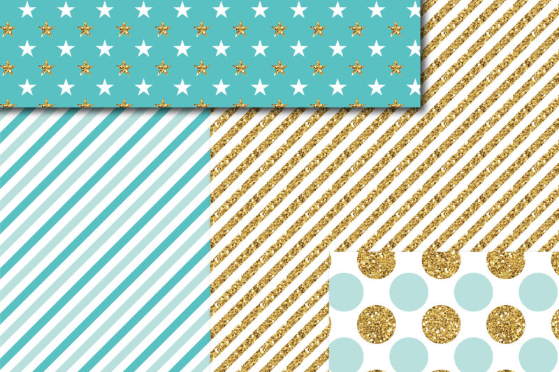 turquoise-and-mint-gold-digital-paper-glitter-digital-paper-gold-polka-dots-stripes-stars-mi-752