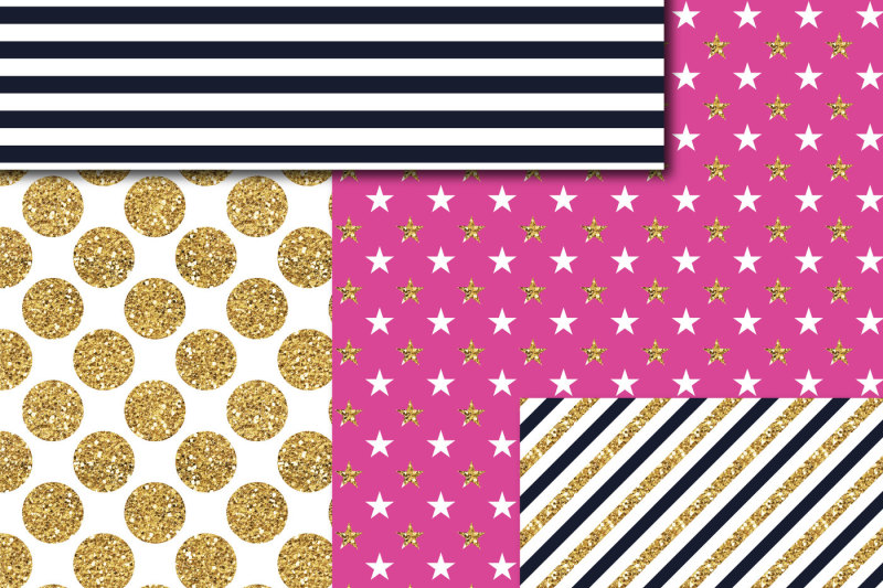 navy-blue-and-hot-pink-gold-digital-paper-glitter-digital-paper-gold-polka-dots-stripes-stars-mi-757