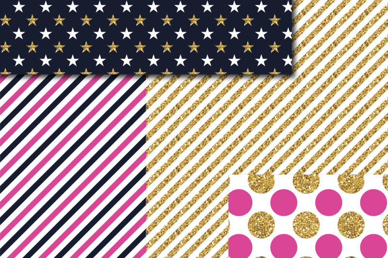 navy-blue-and-hot-pink-gold-digital-paper-glitter-digital-paper-gold-polka-dots-stripes-stars-mi-757