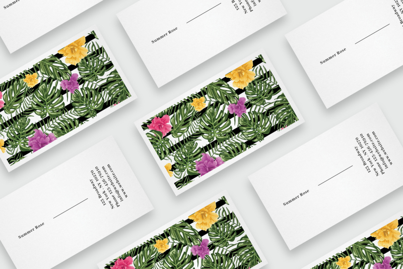business-card-template-with-palm-monstera-leaves-and-flowers