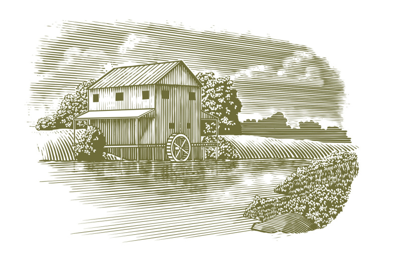 woodcut-mill-on-river