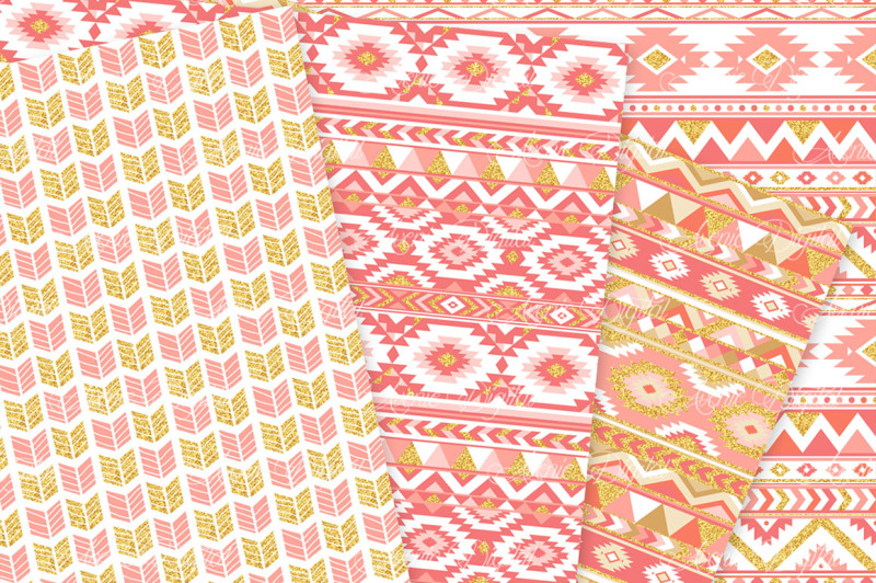 coral-and-gold-aztec-digital-paper