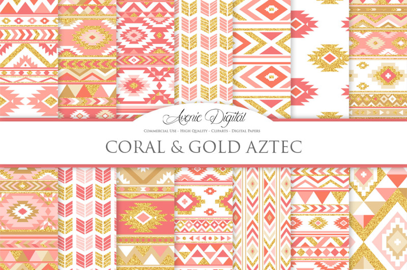 coral-and-gold-aztec-digital-paper
