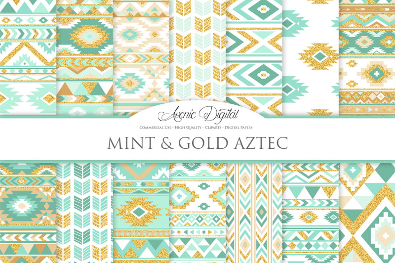 mint-and-gold-glitter-aztec-digital-paper