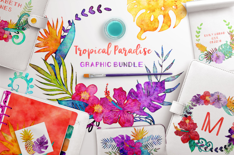 tropical-leaves-and-wreaths-watercolor-graphics-bundle