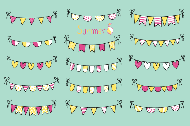 cute-hand-drawn-summer-bunting-clipart-yellow-purple-pennant-flags