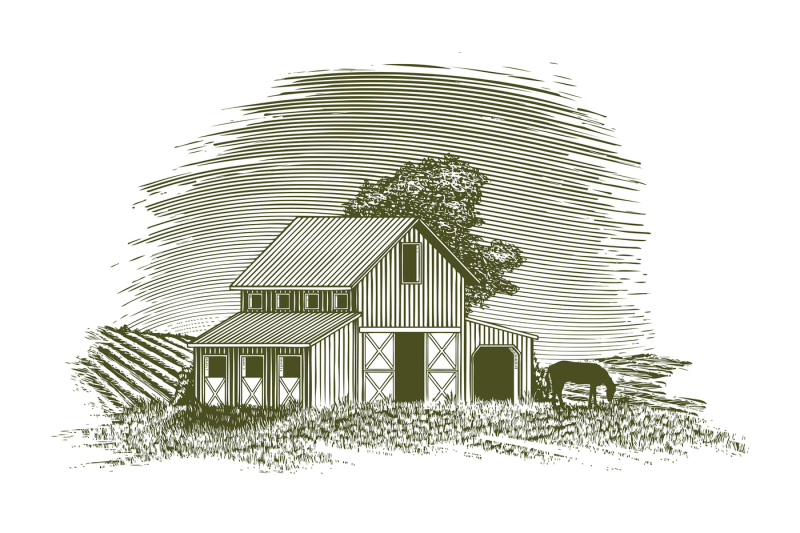 woodcut-horse-barn