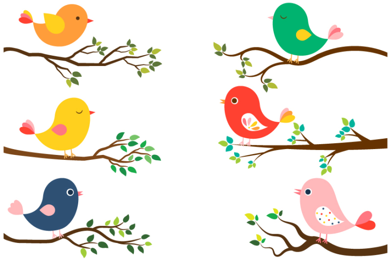cute-colorful-birds-clipart-tree-branches-green-leaves-spring-bird