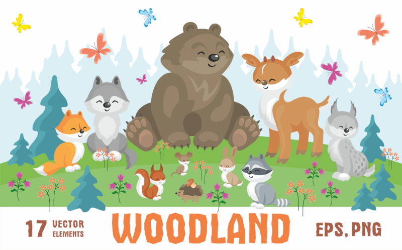 woodland-cute-animals-and-plants