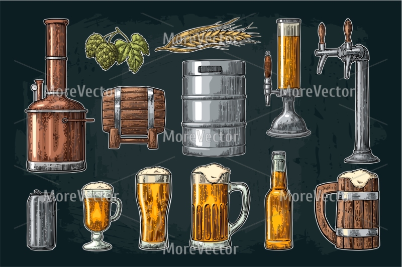 beer-set-poster-and-seamless-pattern-with-hand-glass-bottle-hop-ear-barrel-tanks
