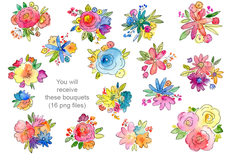 watercolor-boquets-of-bright-flowers