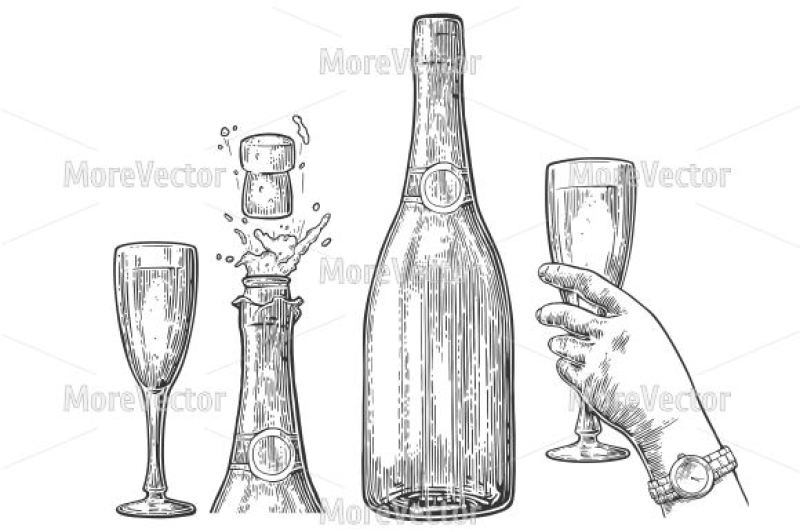 bottle-of-champagne-explosion-and-hand-hold-glass-vintage-color-vector-engraving