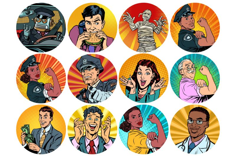 set-pop-art-round-icons-characters-avatar