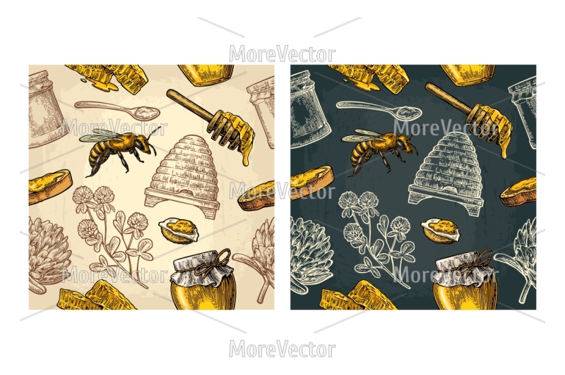 set-honey-pattern-poster-engraving-illustration