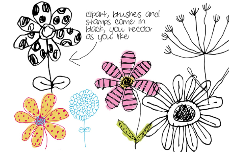 Doodle Flowers Clipart and Png Files By Colors on Paper | TheHungryJPEG.com