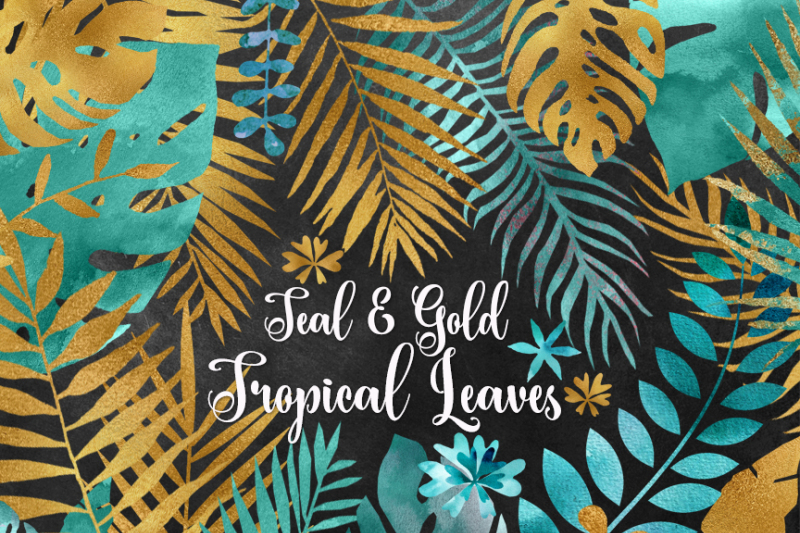 teal-and-gold-tropical-leaves