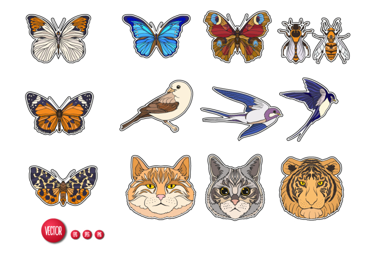 cats-butterflies-birds-set