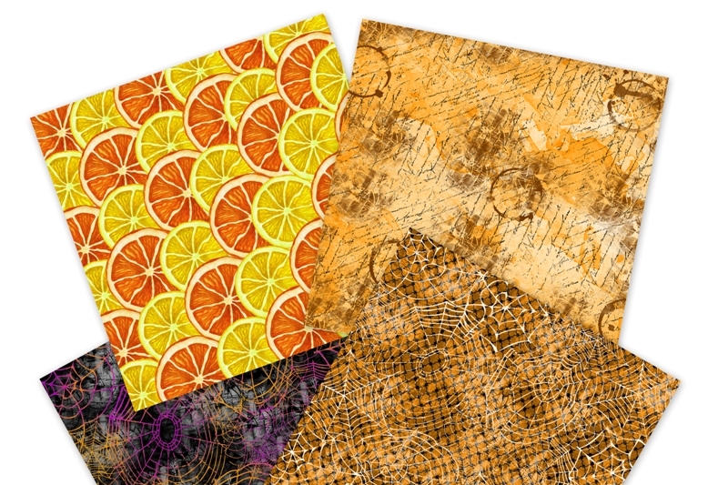 halloween-digital-paper-pack-watercolor-hand-painted-black-green-yellow-orange-pumpkin-potion-hat-caldron-bat-spider-web-teapot-lemon-6x6