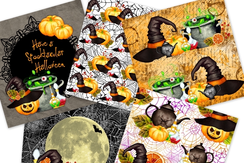 halloween-digital-paper-pack-watercolor-hand-painted-black-green-yellow-orange-pumpkin-potion-hat-caldron-bat-spider-web-teapot-lemon-6x6
