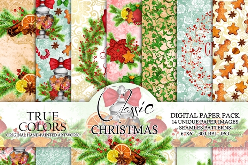christmas-digital-paper-pack-watercolor-hand-painted-printable-red-green-blue-brown-gingerbread-cookie-wreath-cranberry-candy-cane-jar-6x6