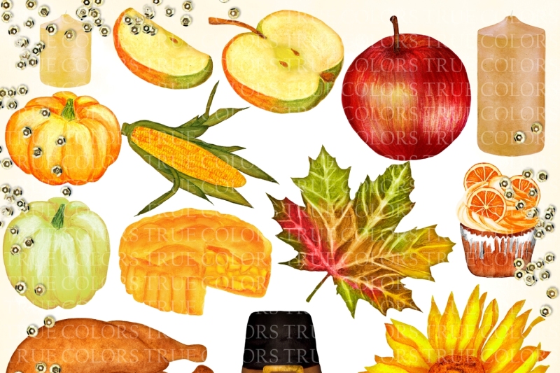 autumn-thanksgiving-clip-art-watercolor-hand-painted-clip-sunflower-pumpkin-candle-apple-cupcake-piligrim-hat-illustration-diy-pack