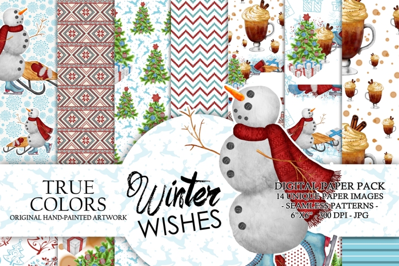 winter-wishes-digital-paper-pack-watercolor-hand-painted-red-blue-nordic-scandinavian-pattern-snowman-christmas-tree-ornaments-sledge-scarf