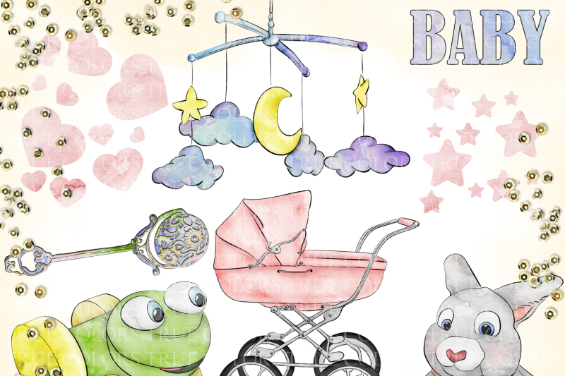 hush-little-baby-clip-art-fashion-illustration-planner-stickers-supplies-watercolor-bunny-stroler-frog-toy-rattle-pink-blue-moon-sticker-diy