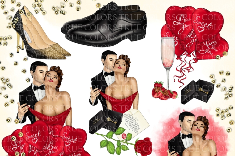 valentine-s-day-clip-art-red-dress-girl-fashion-illustration-planner-stickers-supplies-watercolor-high-heels-key-rose-champagne-sticker-diy