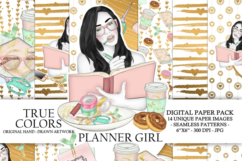 planner-girl-digital-paper-pack-planning-fashion-illustration-planner-stickers-supplies-seamless-watercolor-gold-foil-donuts-background