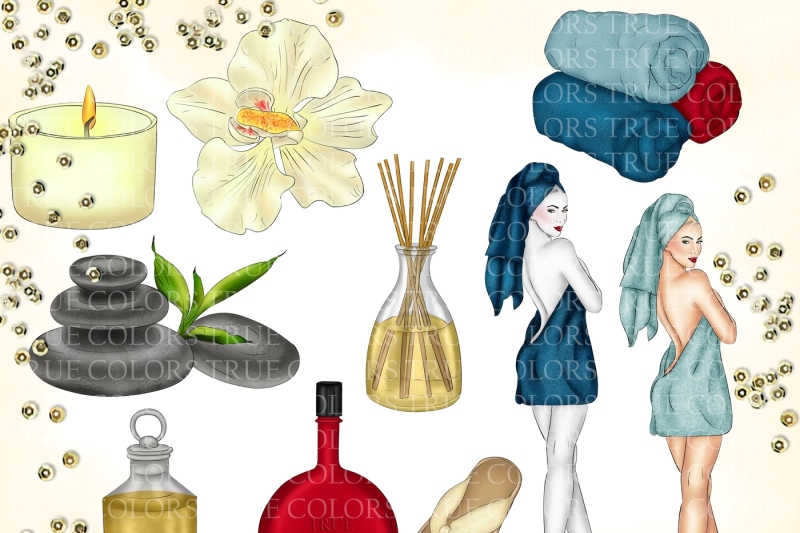 spa-day-clip-art-relaxation-girl-fashion-illustration-planner-stickers-supplies-blue-watercolor-aroma-candle-lotion-jasmin-towel-sticker-diy