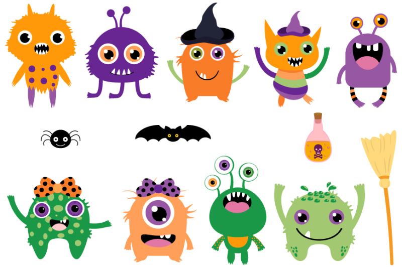 Cute Halloween monsters clip art set, Silly ugly aliens clipart By ...