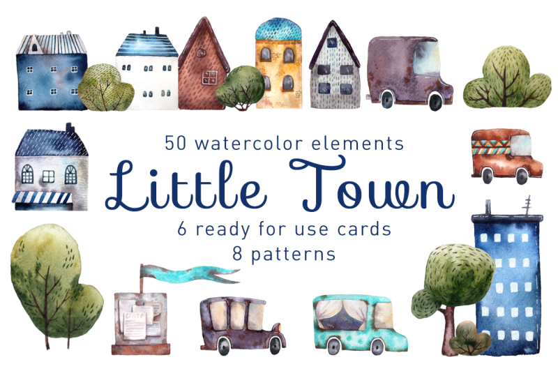 little-town-watercolor-clip-art-set