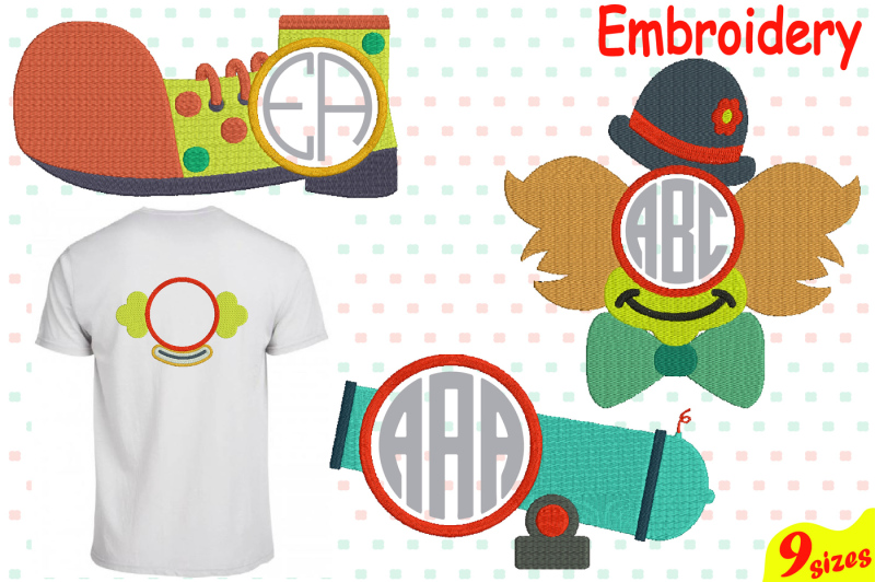 circus-clown-designs-for-embroidery-machine-instant-download-commercial-use-digital-file-4x4-5x7-hoop-icon-symbol-carnival-cannon-shoes-frame-circle-abc-magic-80b