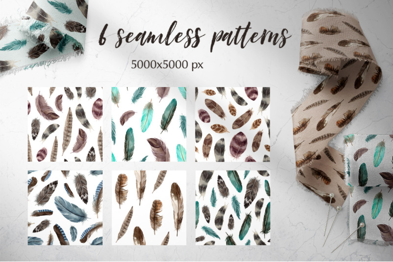 feathers-watercolor-elements-and-seamless-patterns