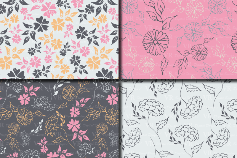seamless-elegant-floral-digital-paper-hand-drawn-flowers-gray-blue-peach-pink