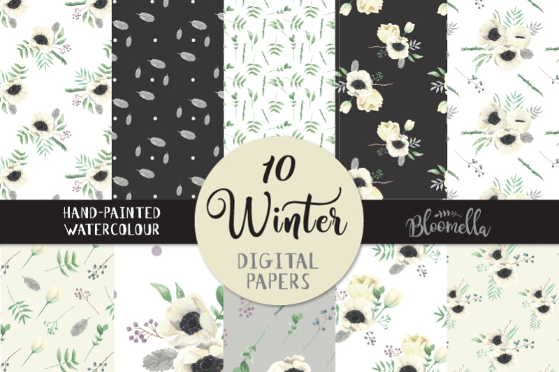 winter-watercolour-floral-digital-papers-holidays-christmas-seamless-flower-patterns