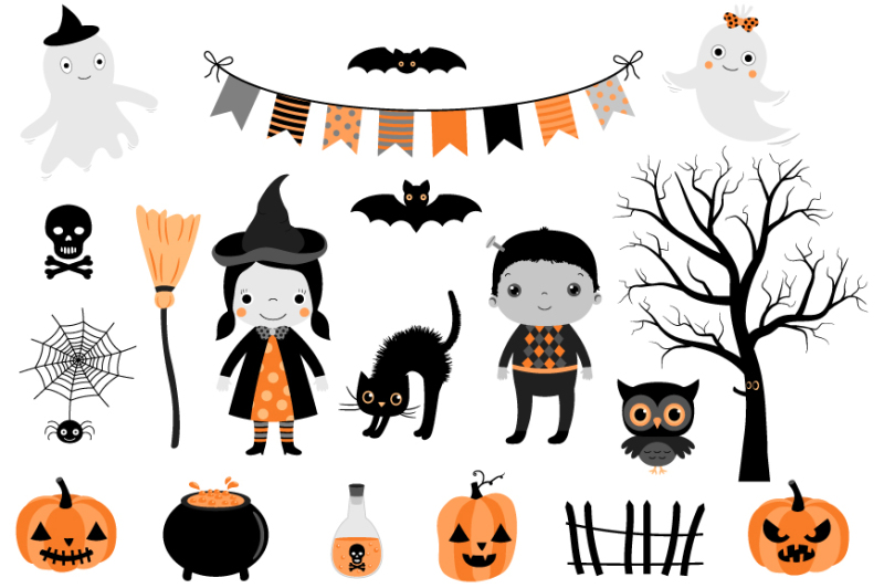 cute-halloween-clipart-set-kids-in-costumes-ghost-bunting-witch-pumpkin-clip-art