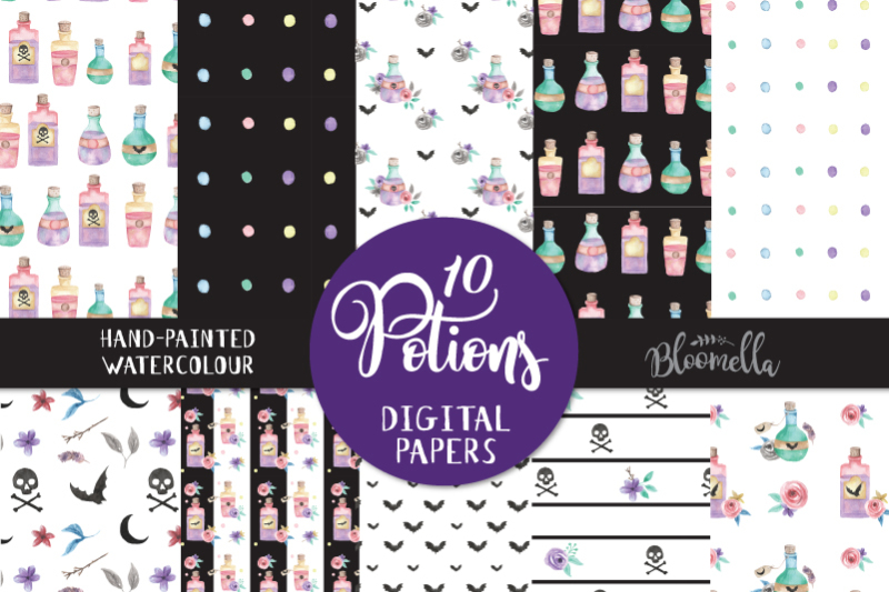 potions-halloween-digital-papers-bat-skulls-flowers-planner-png-seamless-patterns