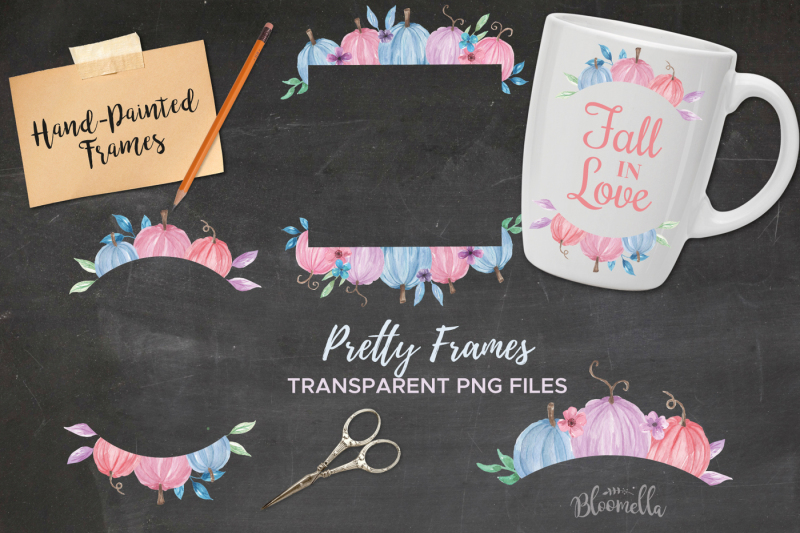 pretty-pumpkin-watercolor-frames-and-borders-hand-painted-pink-purple-blue-fall