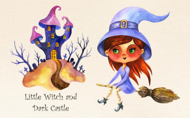 little-witch-and-dark-castle-halloween-watercolor-set